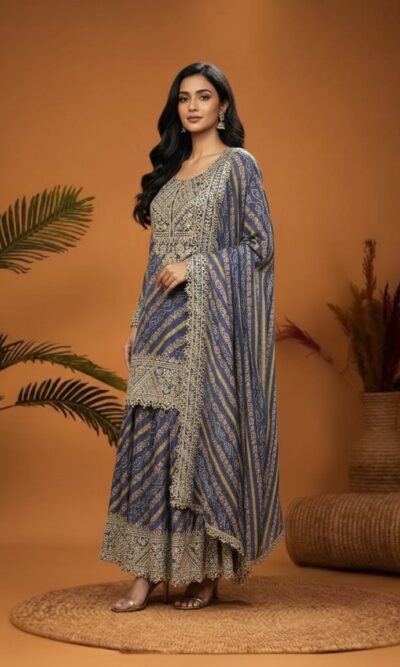 Indigo Printed Sharara Suit Set