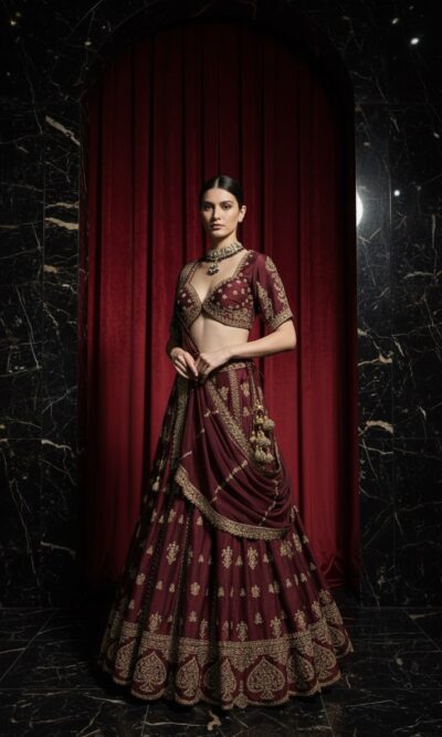 Antique Gold Maroon Lehenga