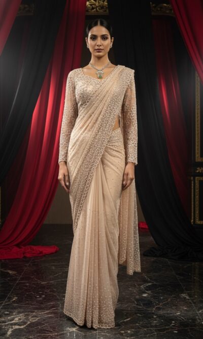 Pearl Peach Veil Handcrafted Saree