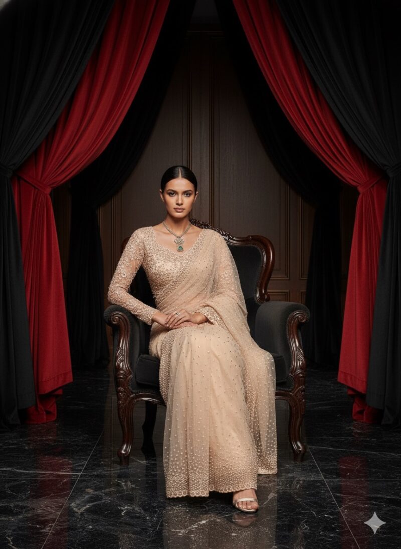 Pearl Peach Veil Handcrafted Saree