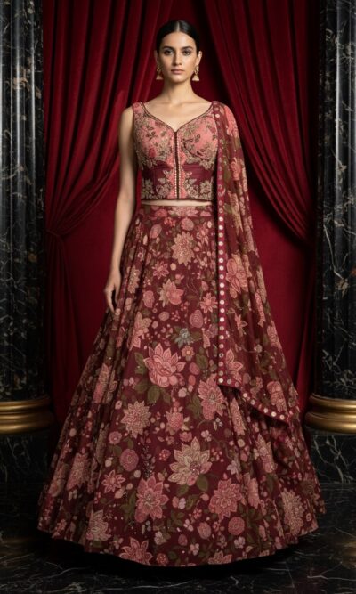 Floral Symphony Maroon Lehenga