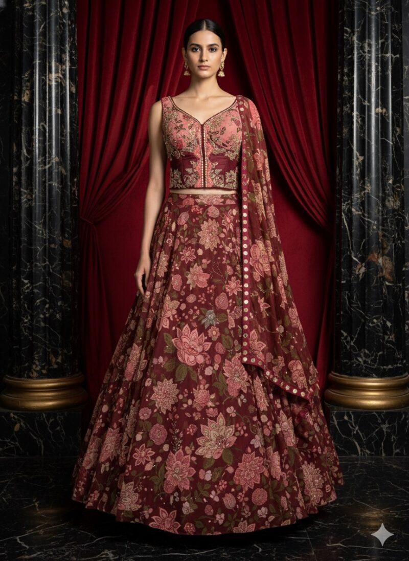 Floral Symphony Maroon Lehenga