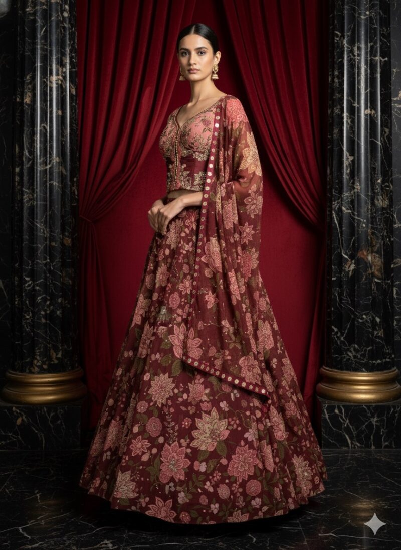 Floral Symphony Maroon Lehenga