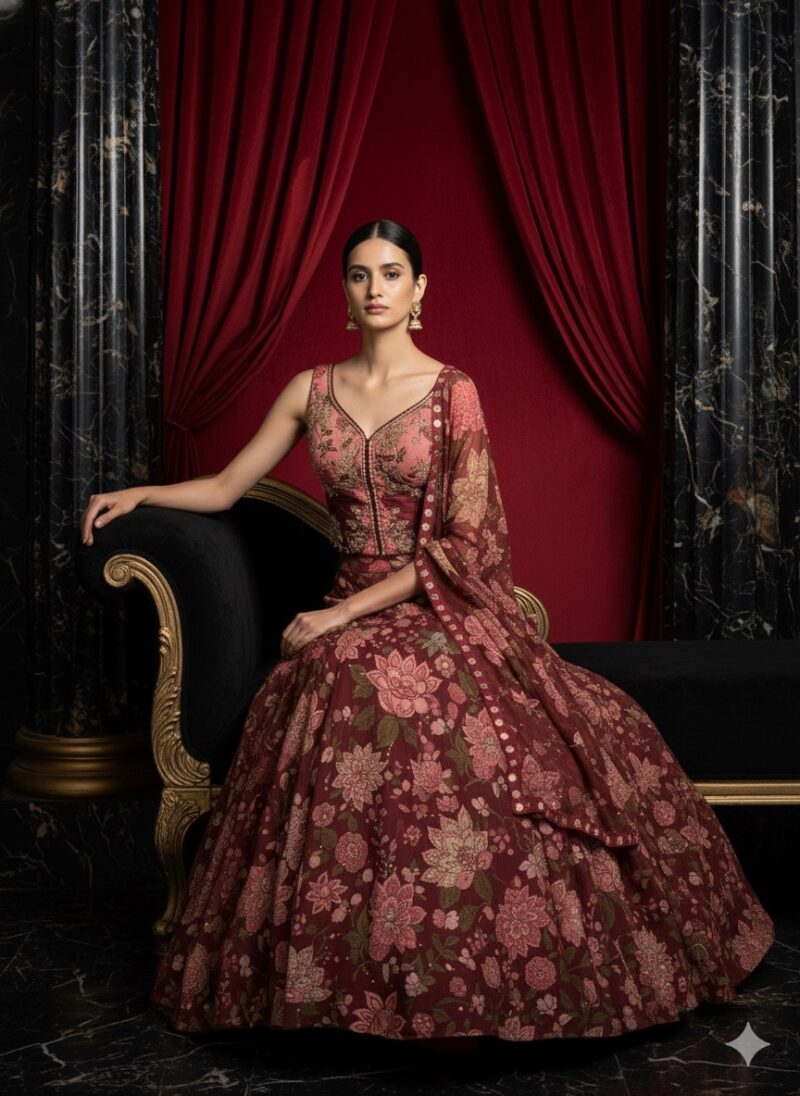 Floral Symphony Maroon Lehenga