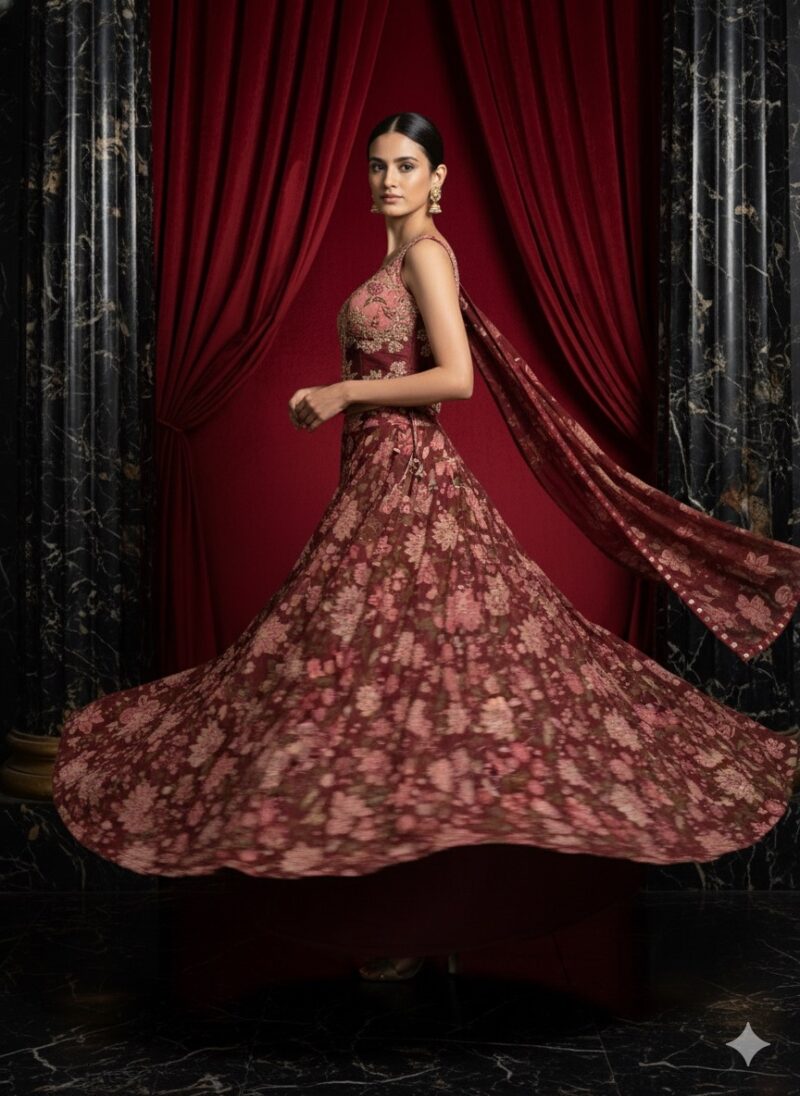 Floral Symphony Maroon Lehenga