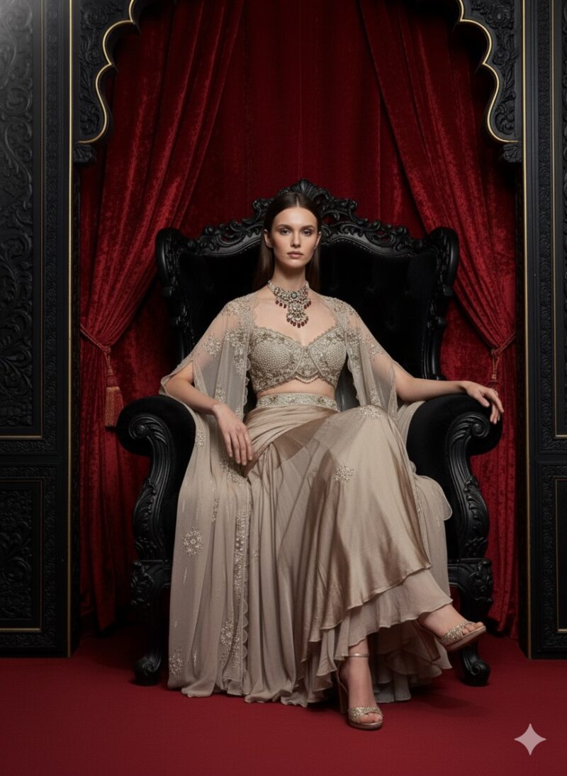 MIKU KUMAR Champagne Drape Elegance Ensemble