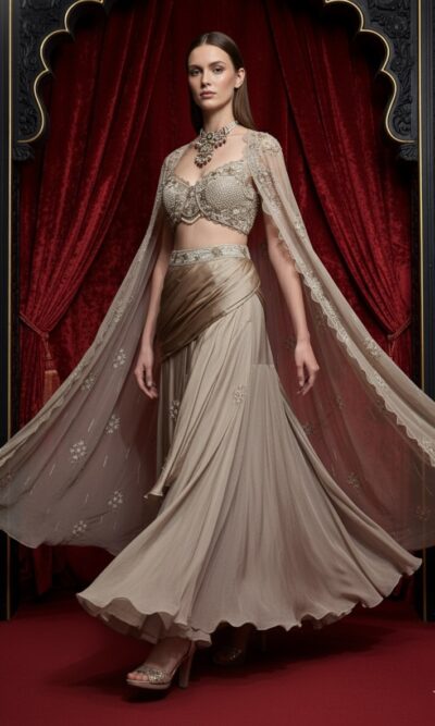 MIKU KUMAR Champagne Drape Elegance Ensemble