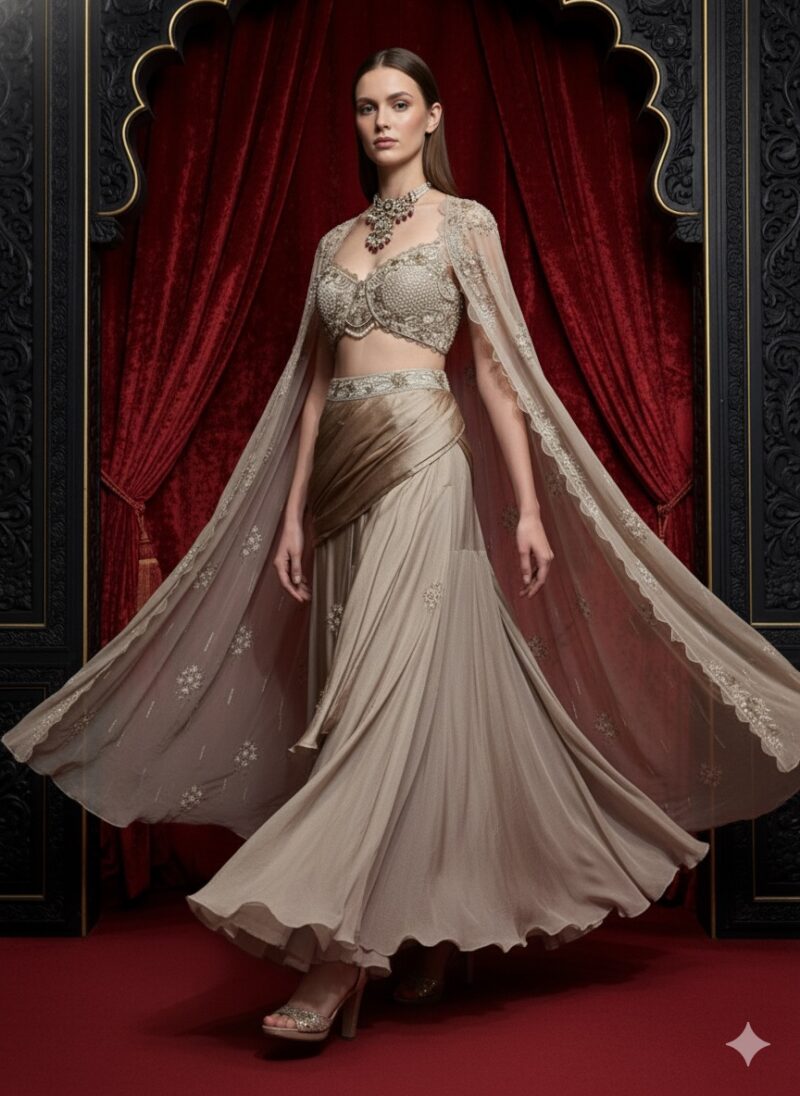 MIKU KUMAR Champagne Drape Elegance Ensemble