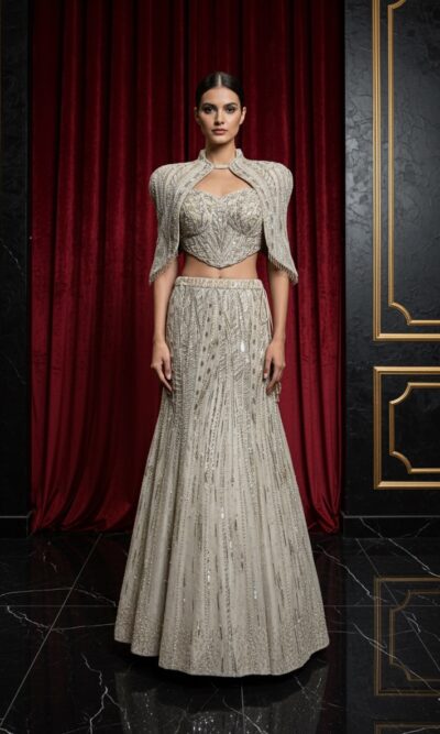 Regal Crystal Sculpted Shoulder Lehenga