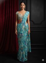 Turquoise Crystal Bloom Printed Saree