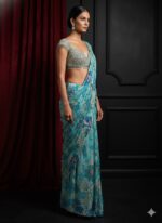 Turquoise Crystal Bloom Printed Saree