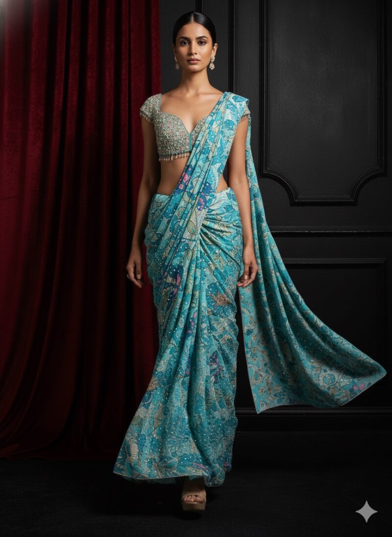 Turquoise Crystal Bloom Printed Saree