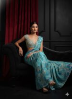 Turquoise Crystal Bloom Printed Saree