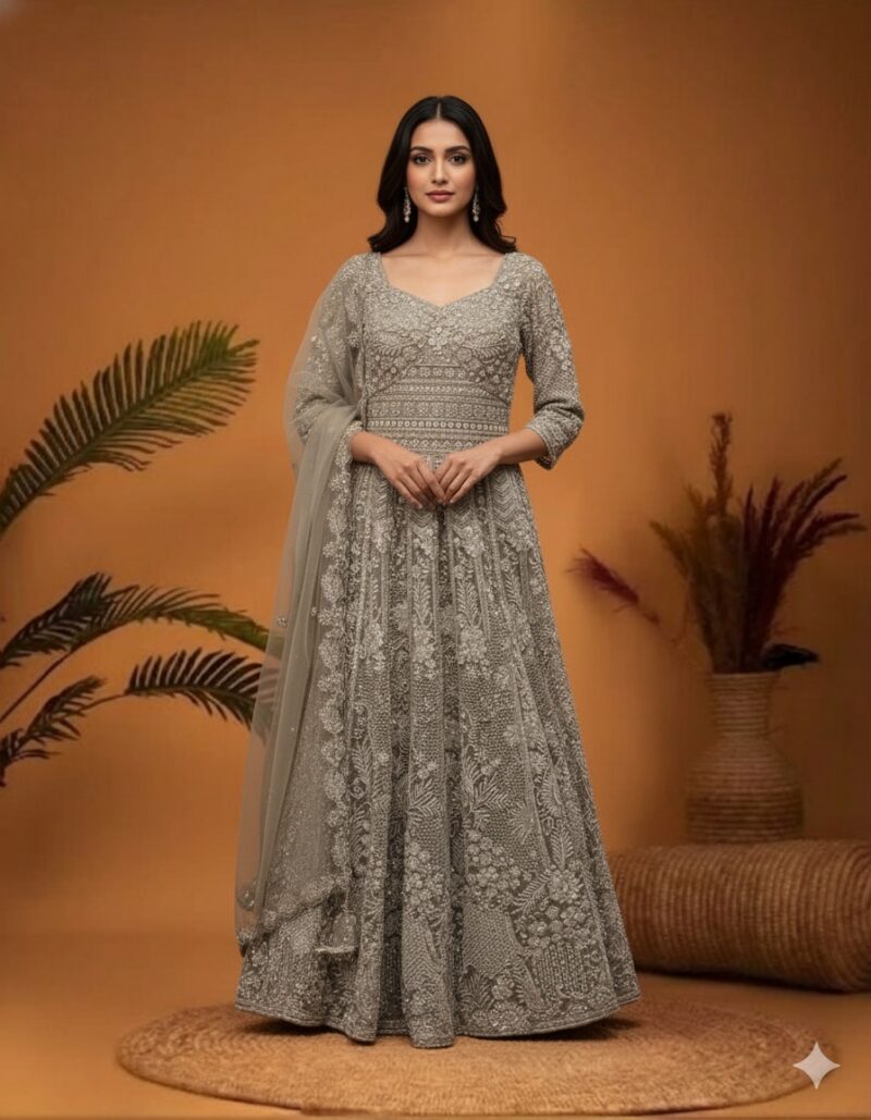 Elegant Grey Embellished Anarkali