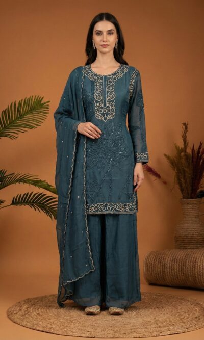 Teal Elegant Embroidered Suit
