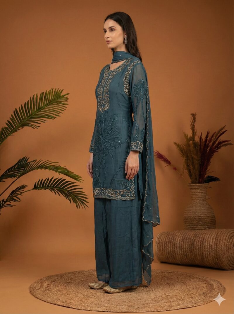 Teal Elegant Embroidered Suit
