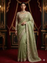 Pista Floral Embroidered Saree
