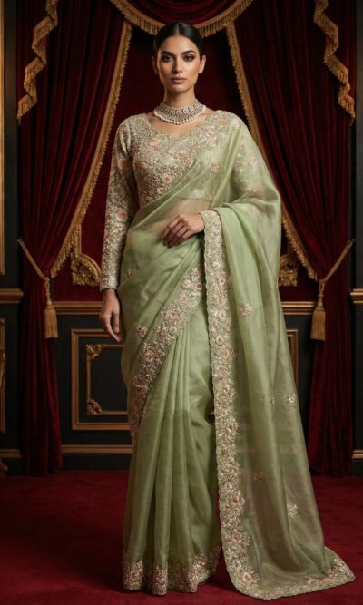 Pista Floral Embroidered Saree