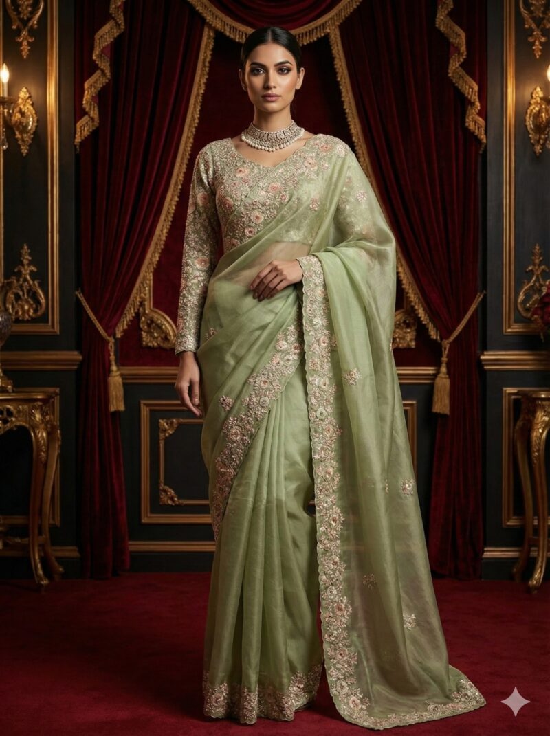 Pista Floral Embroidered Saree