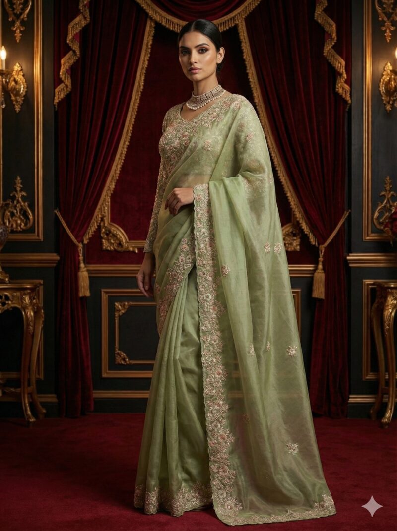 Pista Floral Embroidered Saree