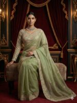 Pista Floral Embroidered Saree