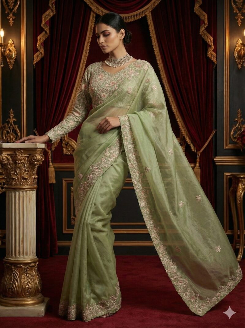 Pista Floral Embroidered Saree