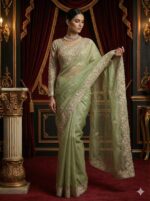 Pista Floral Embroidered Saree