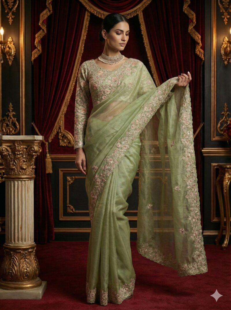 Pista Floral Embroidered Saree