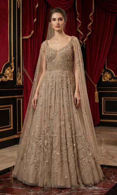 Ethereal Champagne Cape Gown