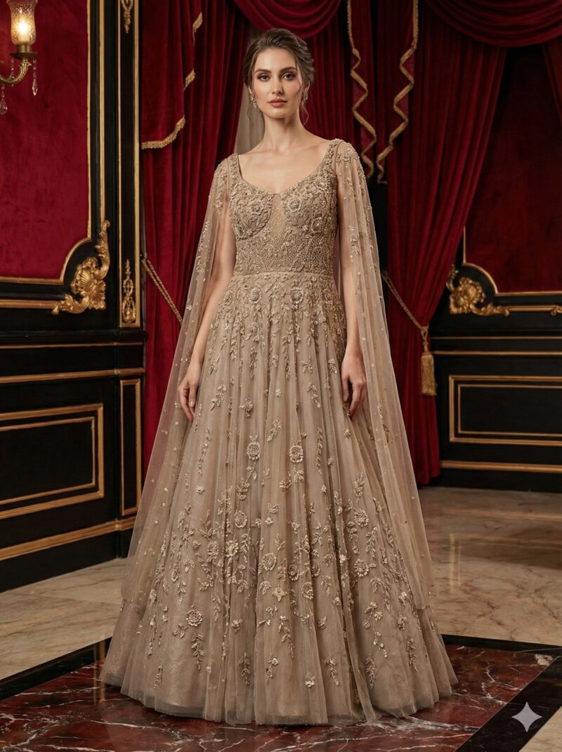 Ethereal Champagne Cape Gown