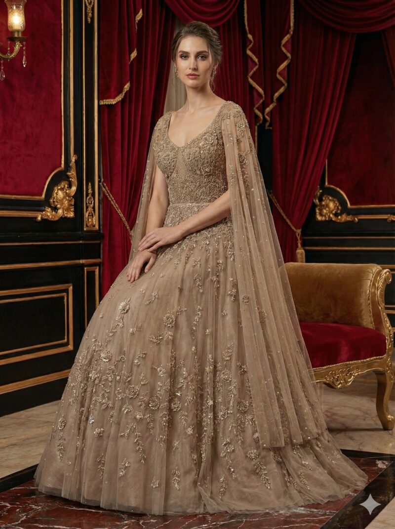 Ethereal Champagne Cape Gown