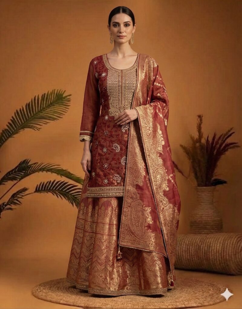 Maroon Banarasi Brocade Skirt Set