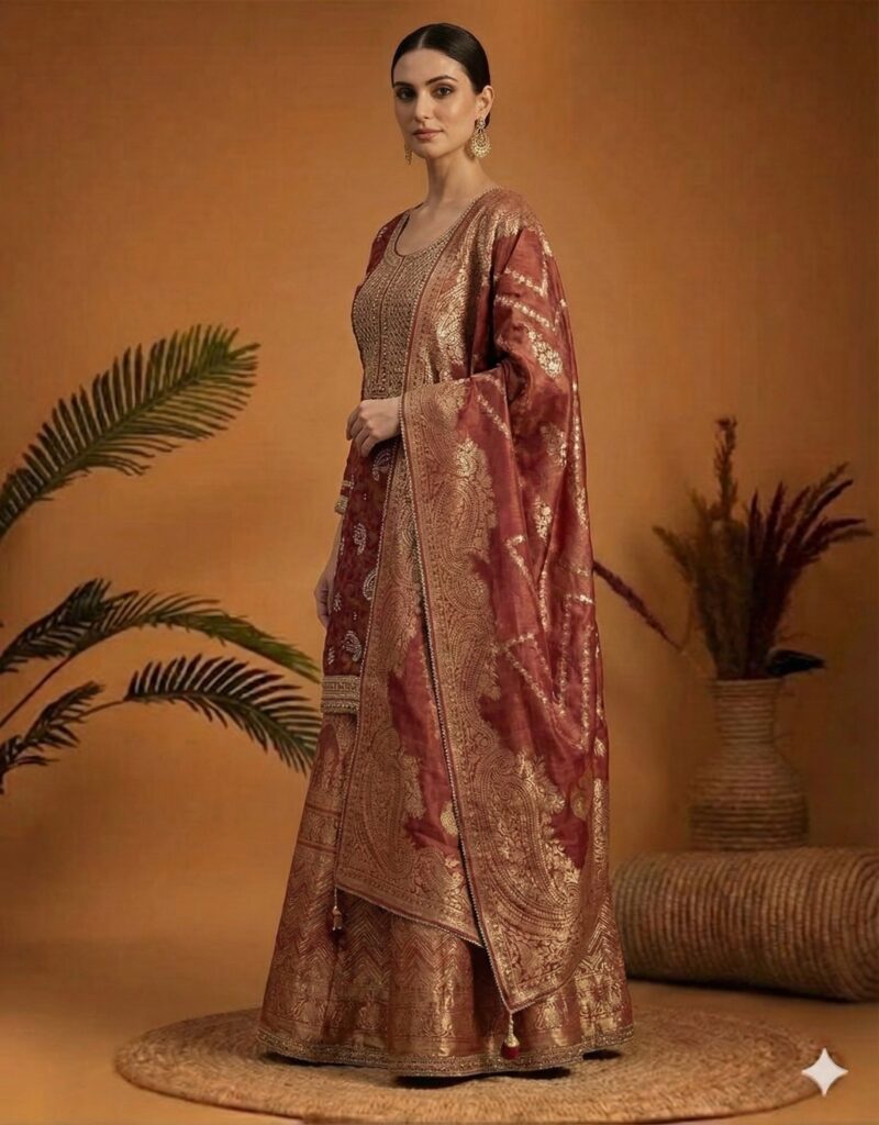 Maroon Banarasi Brocade Skirt Set