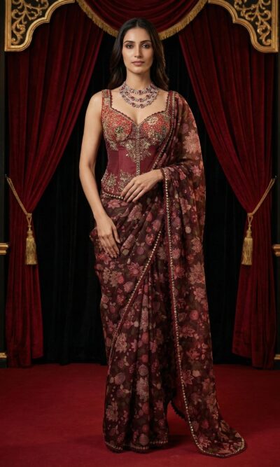 Deep Maroon Floral Saree