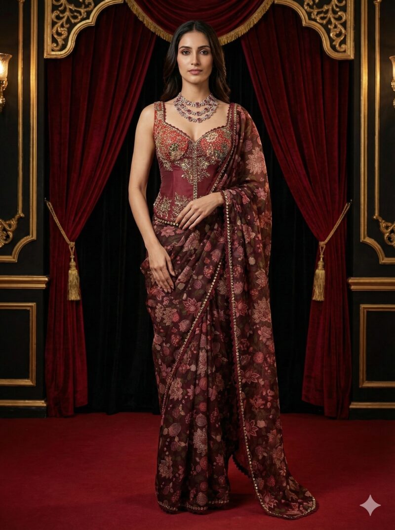 Deep Maroon Floral Saree
