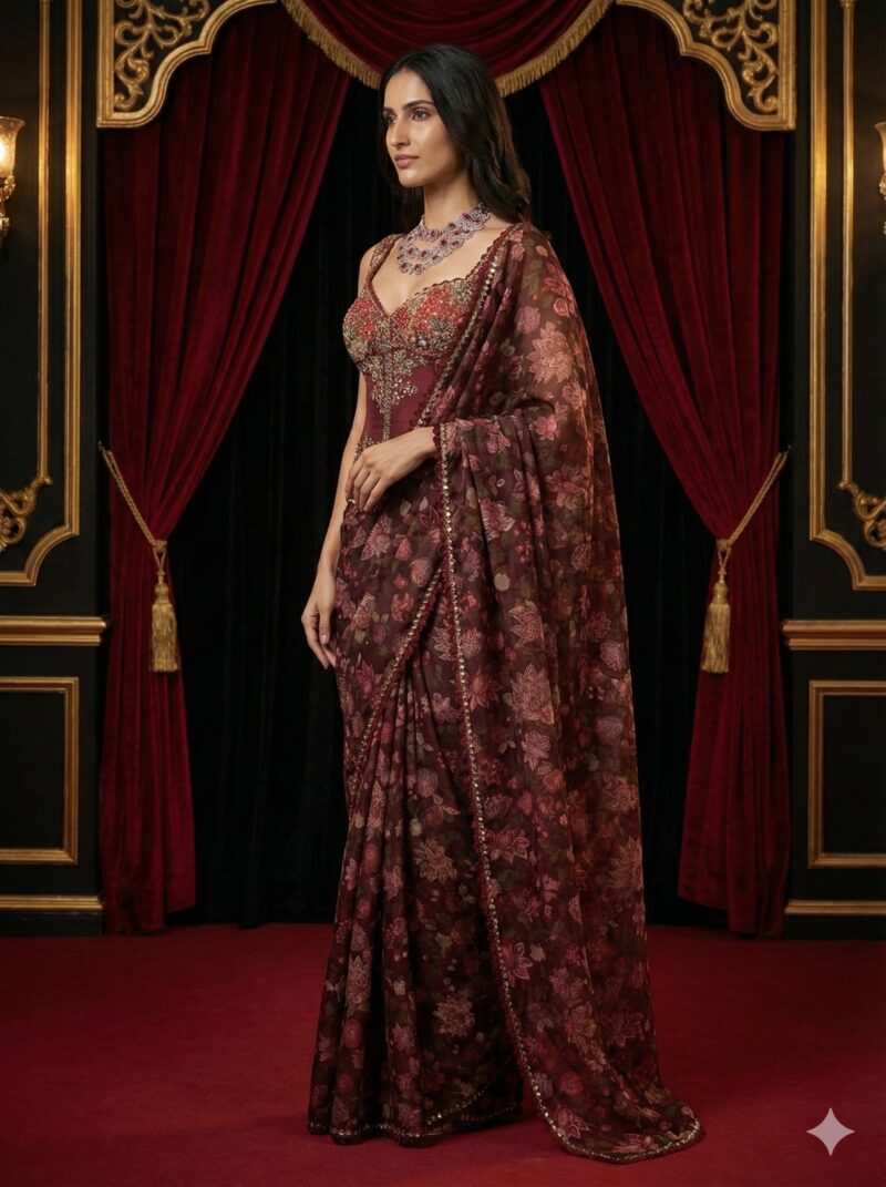 Deep Maroon Floral Saree