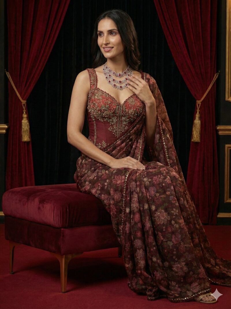 Deep Maroon Floral Saree