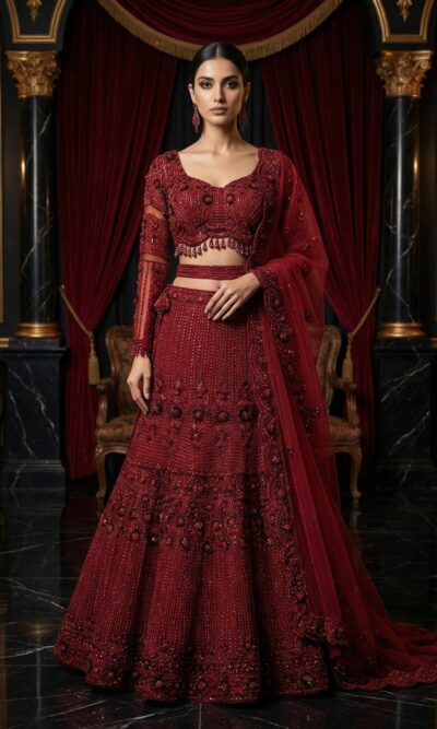 Elegant Maroon Embroidered Lehenga