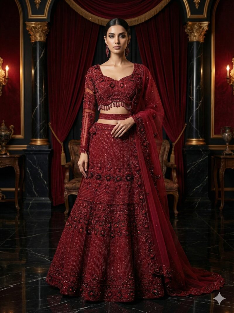 Elegant Maroon Embroidered Lehenga