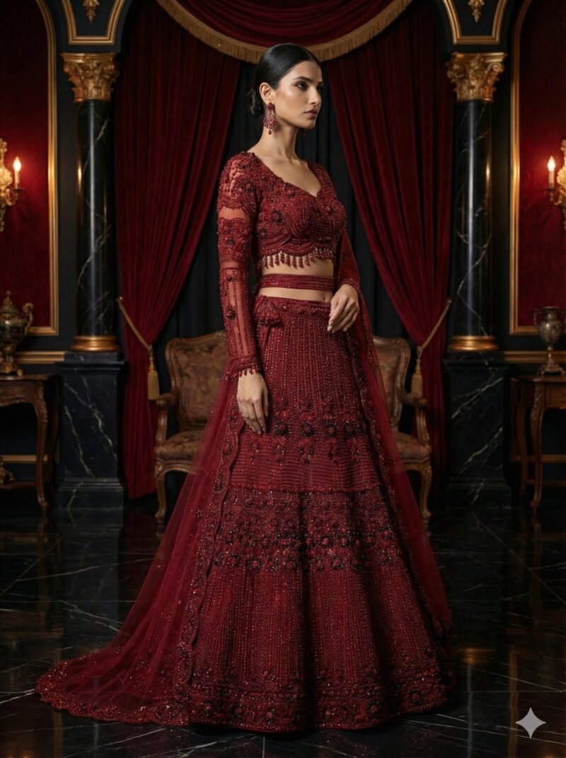 Elegant Maroon Embroidered Lehenga