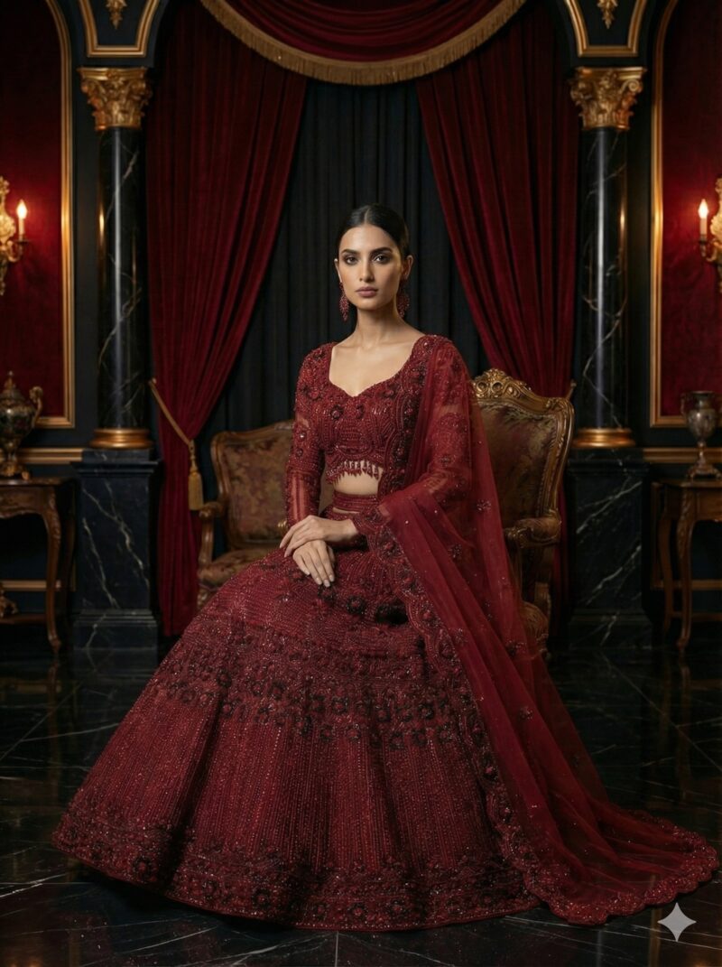 Elegant Maroon Embroidered Lehenga
