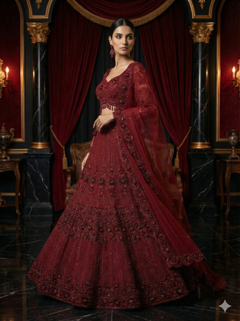 Elegant Maroon Embroidered Lehenga