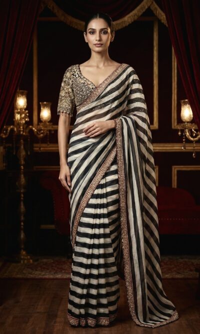 Embroidered Striped Saree