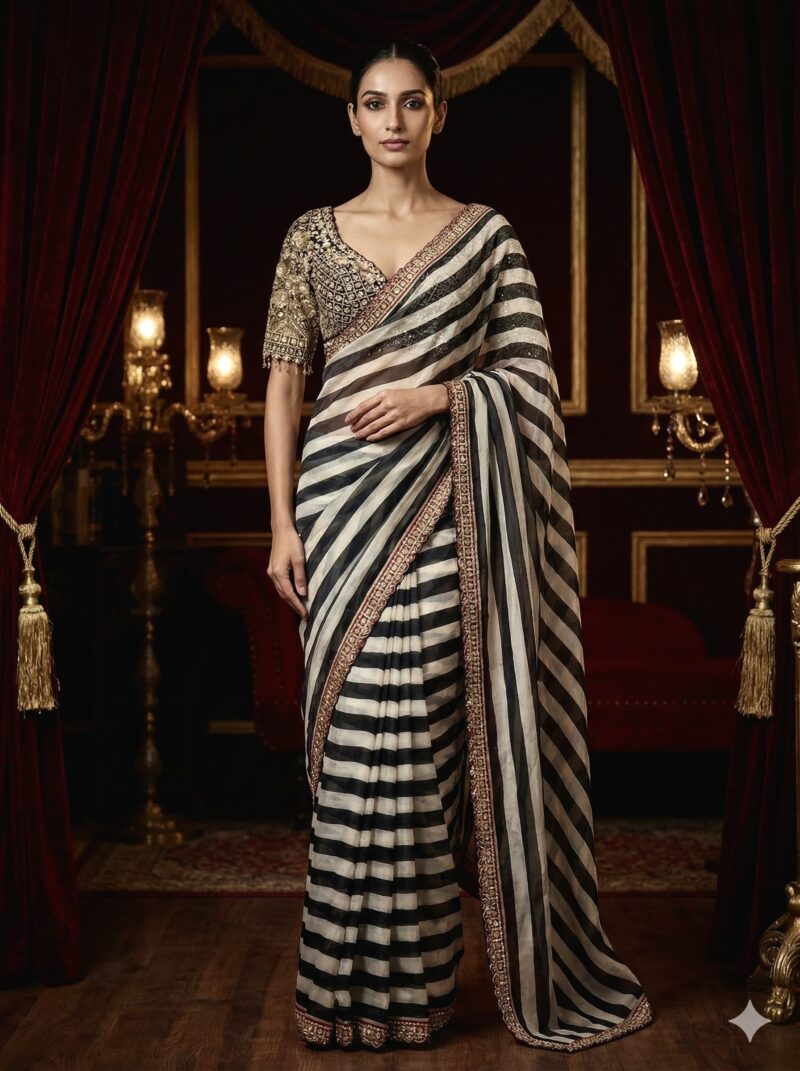Embroidered Striped Saree