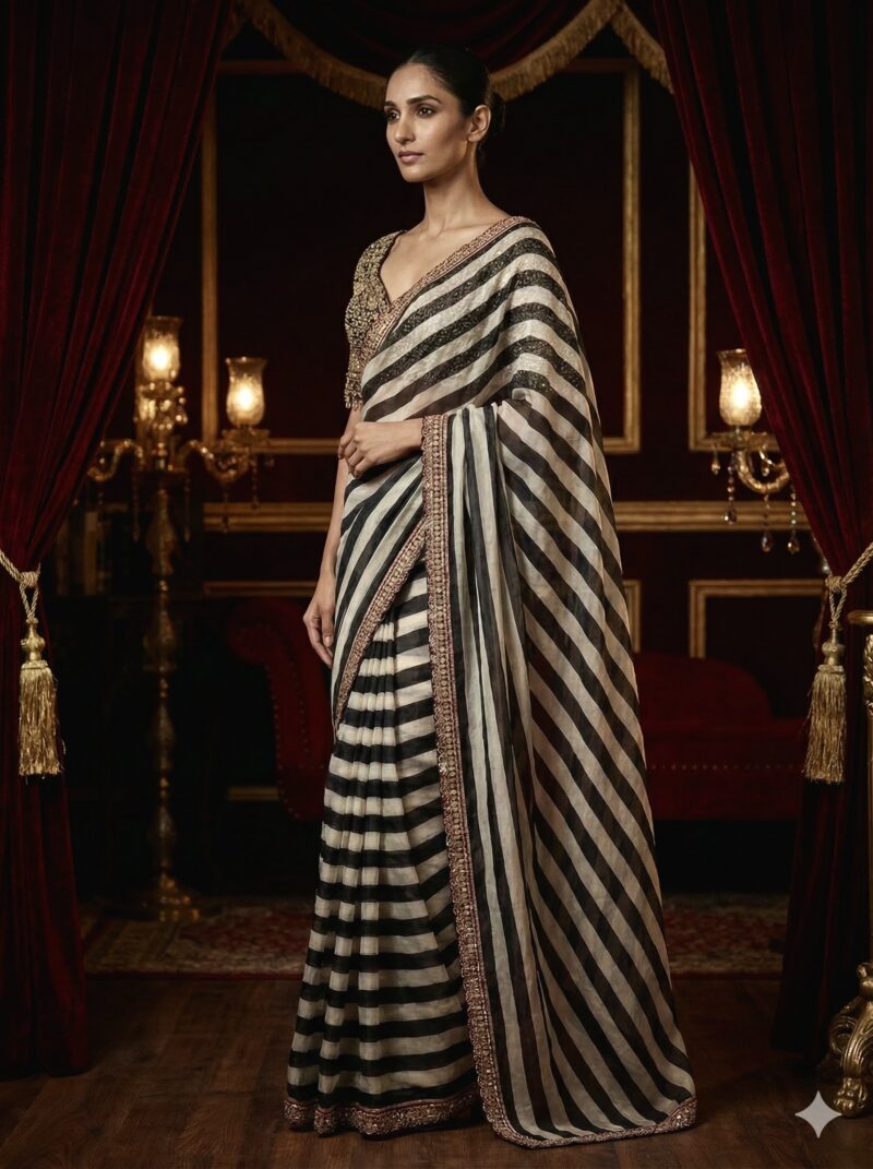 Embroidered Striped Saree