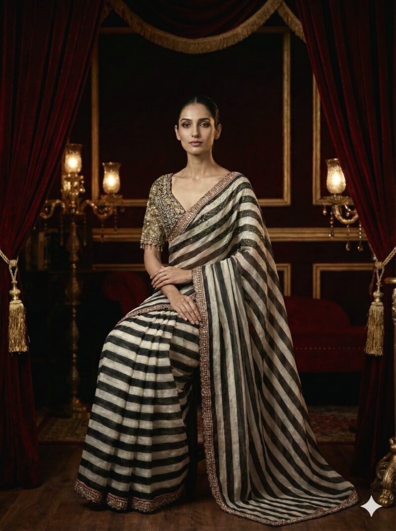 Embroidered Striped Saree