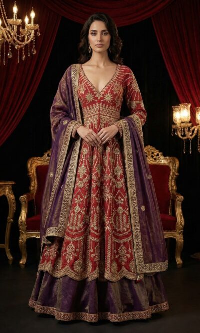Deep Red Gold Embroidered Anarkali