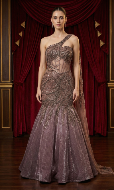 Mauve Shimmer One Shoulder Gown
