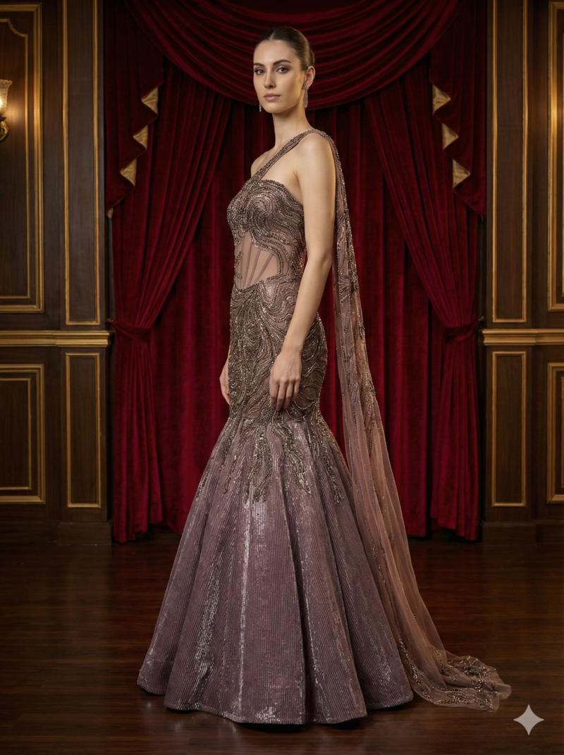 Mauve Shimmer One Shoulder Gown
