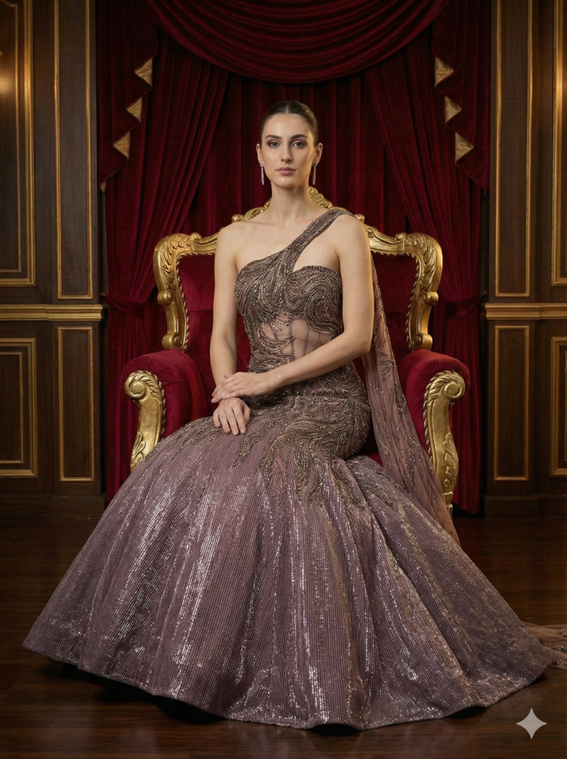 Mauve Shimmer One Shoulder Gown